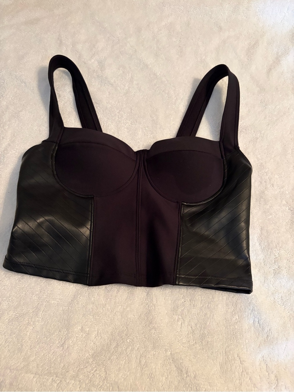 ALO Yoga Black Longline Bustier Crop Top with Faux Leather Panels